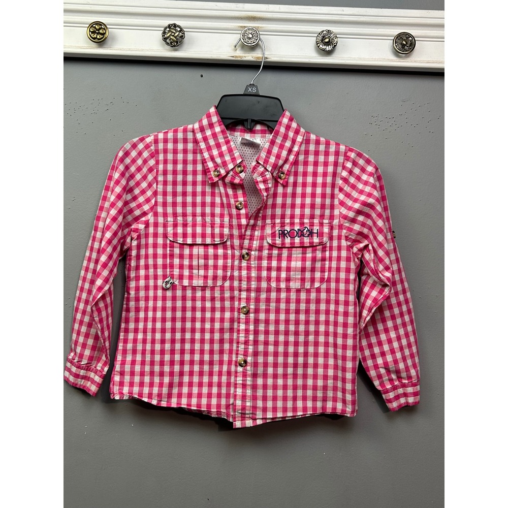 PRODOH Fishing Shirt Kids 7 Pink Gingham Button Up Long Sleeve Vent Back